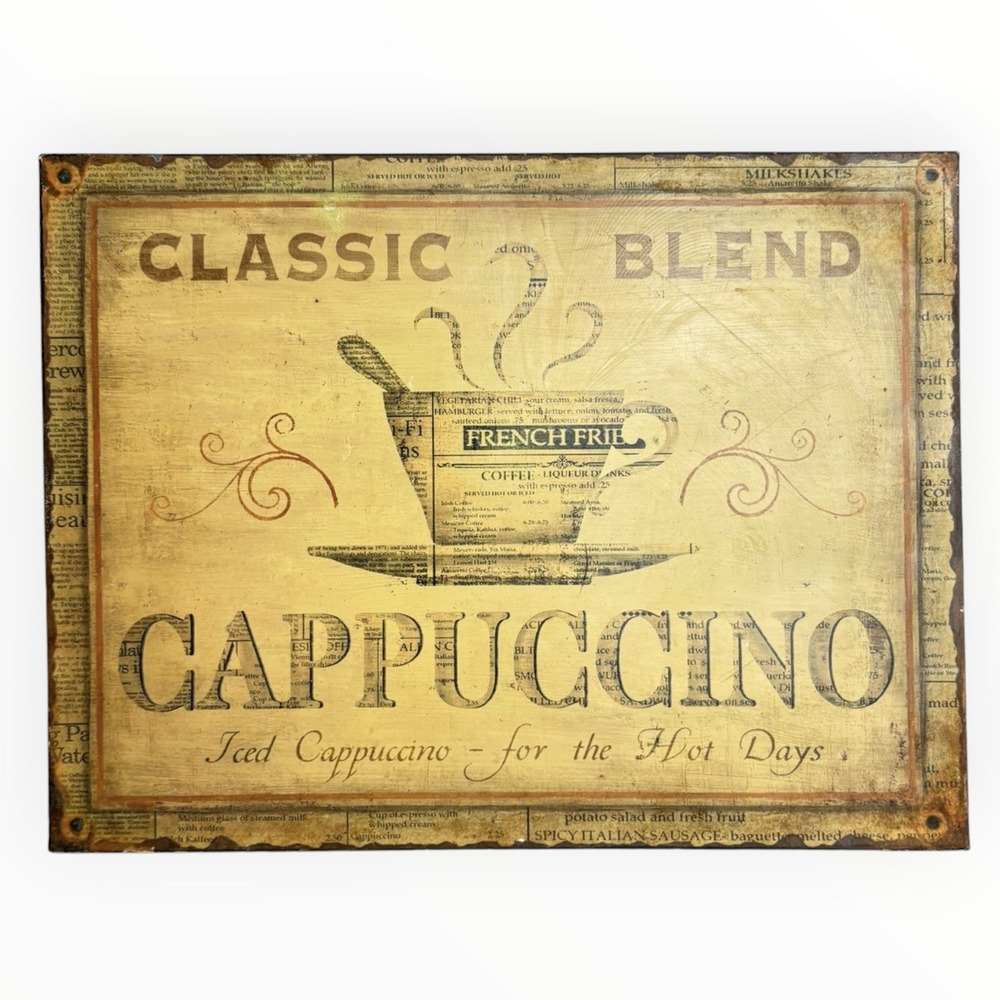 "Classic Blend Cappuccino" Coffee Cup Newspaper Aged Metal Wall Sign 14" x 8.5"